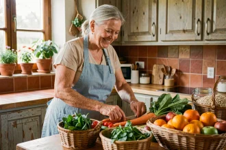 Femme âgée préparant des légumes frais et nutritifs dans sa cuisine pour maintenir son autonomie