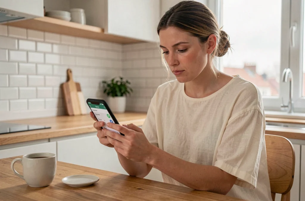 Jeune femme analysant ses statistiques de marche sur une application mobile pour calculer l'équivalent en kilomètres de 10 000 pas