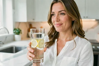 Femme tenant un verre d'eau citronnée dans une cuisine moderne, illustrant les bienfaits de l'eau citronnée pour le métabolisme