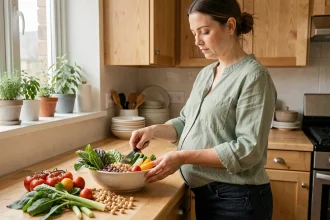 Femme enceinte préparant un bol de légumes et légumineuses nutritifs pour soutenir la croissance du fœtus