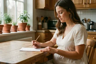 Femme enceinte consultant un calendrier pour calculer sa date d'accouchement à la table de cuisine