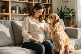 Femme enceinte caressant son golden retriever sur un canapé, précautions animaux domestiques pendant la grossesse