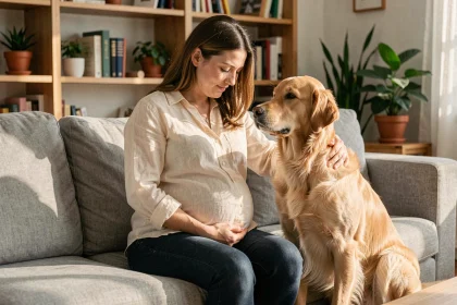 Femme enceinte caressant son golden retriever sur un canapé, précautions animaux domestiques pendant la grossesse