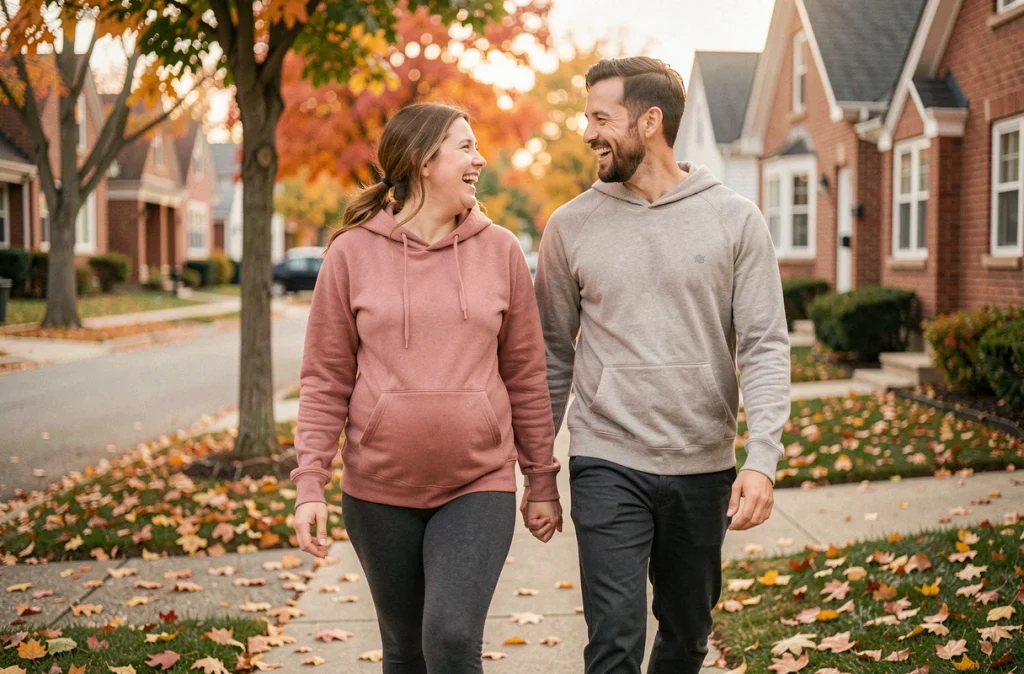 Femme enceinte marchant avec sa partenaire sur un trottoir de quartier résidentiel en automne, partageant un moment de complicité lors de leur promenade quotidienne