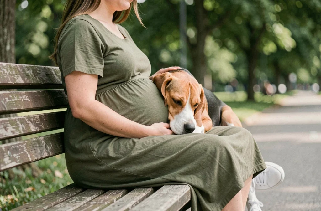 Femme enceinte assise dans un parc avec son beagle sur les genoux, promenade et contact avec les animaux en période de grossesse