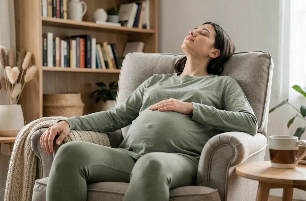 Femme enceinte se reposant dans un fauteuil confortable avec une tasse de tisane, symbolisant la relaxation et le bien-être durant la grossesse