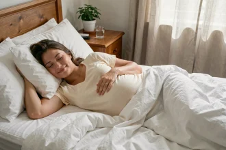 Femme enceinte qui se repose paisiblement dans un lit confortable avec des oreillers moelleux, illustrant l'importance du sommeil pendant la grossesse