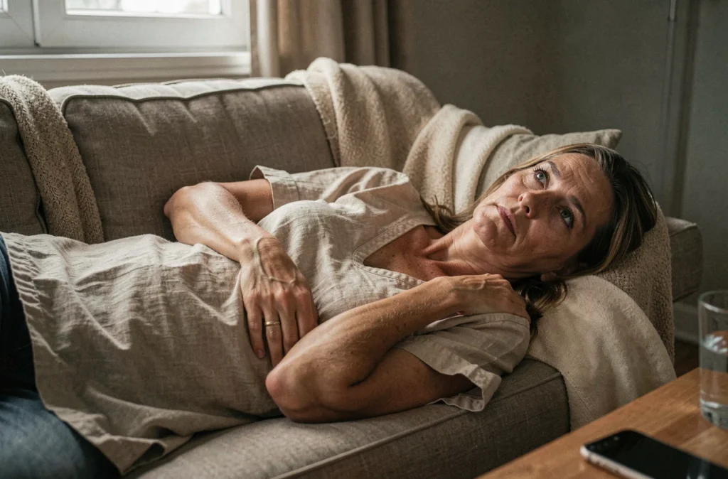 Femme allongée sur un canapé, main sur l'abdomen, illustrant la fatigue chronique et le lien entre cortisol et stockage des graisses