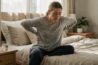 Femme fatiguée assise au bord du lit souffrant de douleurs liées à la fibromyalgie