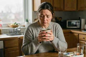 Femme atteinte d'une maladie auto-immune tenant une tasse dans sa cuisine, fatigue visible sur son visage