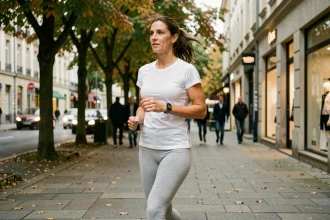 Femme marchant rapidement en ville avec un compteur de pas au poignet pour atteindre les 10000 pas quotidiens