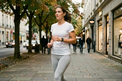 Femme marchant rapidement en ville avec un compteur de pas au poignet pour atteindre les 10000 pas quotidiens