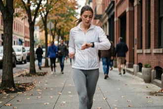 Femme active marchant en ville et consultant sa montre connectée pour compter ses pas quotidiens
