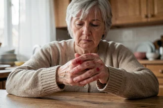 Femme âgée souffrant de polyarthrite rhumatoïde tenant ses mains douloureuses aux articulations gonflées dans une cuisine