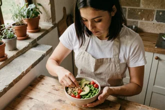 Femme préparant un bol de protéines végétales avec pois chiches, quinoa et avocat dans une cuisine naturelle