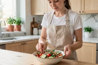 Femme préparant un bol de légumineuses colorées avec pois chiches et lentilles dans une cuisine moderne