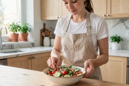 Femme préparant un bol de légumineuses colorées avec pois chiches et lentilles dans une cuisine moderne