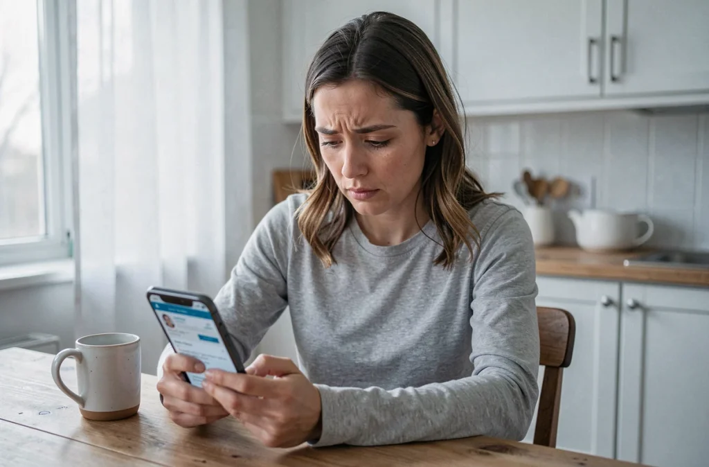 Jeune femme consultant des informations sur les symptômes du mycoplasme sur son téléphone à la maison
