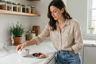 Femme réduisant sa consommation de sucre dans une cuisine moderne en choisissant des fruits frais plutôt que du sucre raffiné
