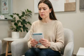 Femme inquiète dans une salle d'attente gynécologique tenant un dépliant sur les infections génitales comme le mycoplasme