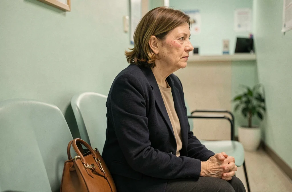 Femme anxieuse dans une salle d'attente médicale, mains crispées, représentant les conséquences du stress chronique sur la santé physique