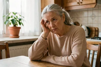 Femme senior tenant sa main derrière l'oreille dans sa cuisine, signe de difficulté auditive