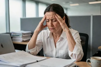 Femme au bureau souffrant de stress chronique, les mains sur les tempes, entourée de papiers et d'un ordinateur portable