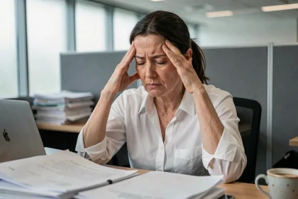 Femme au bureau souffrant de stress chronique, les mains sur les tempes, entourée de papiers et d'un ordinateur portable
