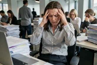Femme stressée au bureau, tension corporelle et posture révélant les effets du stress chronique sur le corps