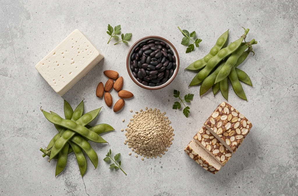 Flat lay d'aliments riches en protéines végétales : tofu, lentilles, amandes, edamame et tempeh