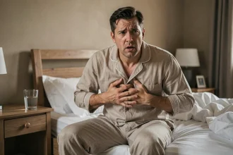 Homme en pyjama assis sur le bord du lit le matin, tenant son ventre avec un air inconfortable, illustrant les gaz digestifs au réveil