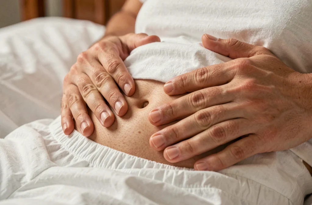 Gros plan de mains posées sur un ventre en pyjama coton illustrant les douleurs et ballonnements intestinaux au réveil le matin
