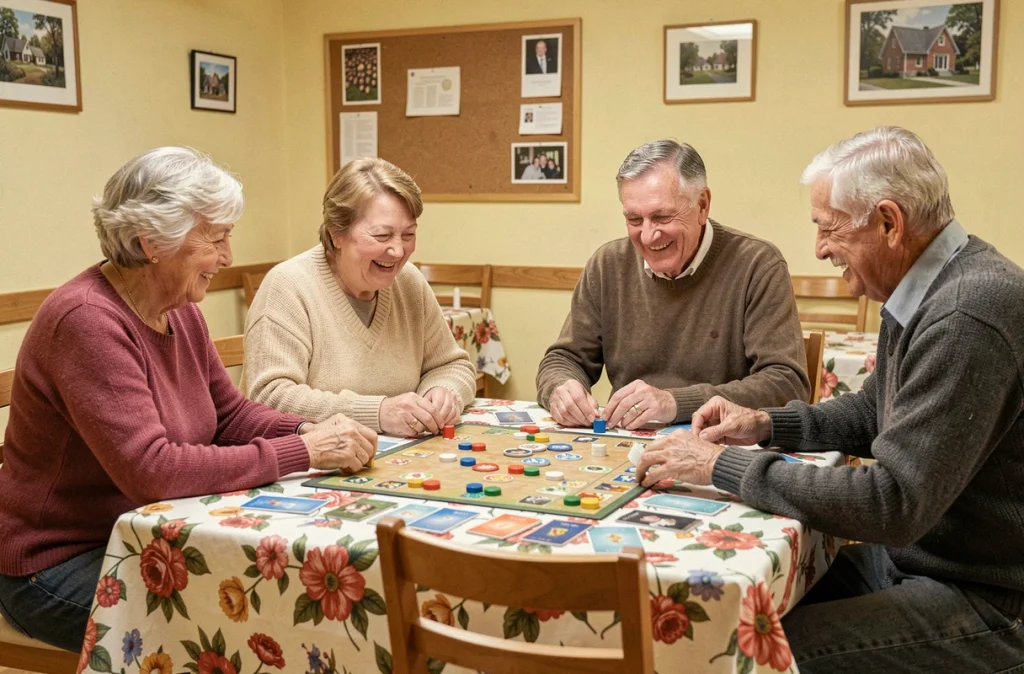 Groupe de seniors jouant à un jeu de société autour d'une table pour stimuler la mémoire et le lien social