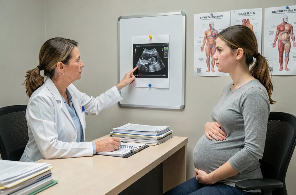 Gynécologue expliquant le calcul de la date d'accouchement et l'impact de l'ovulation tardive à une patiente enceinte