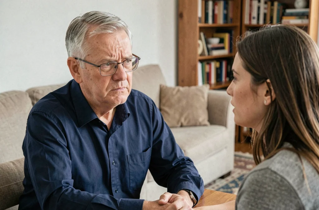 Homme âgé en difficulté pour entendre une conversation dans un salon familial