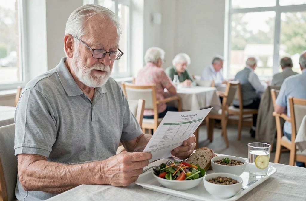 Homme âgé consultant un plan nutritionnel adapté lors d'un repas équilibré en résidence senior
