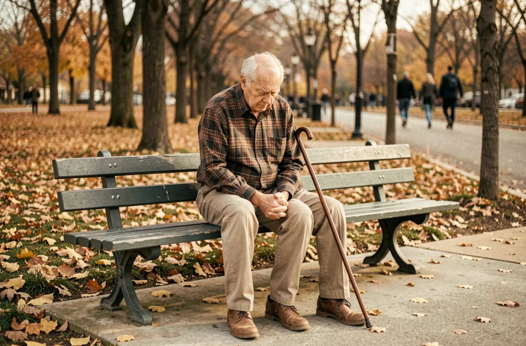 Homme âgé assis seul sur un banc de parc en automne, regard baissé et épaules voûtées, représentant la solitude et la dépression chez les seniors