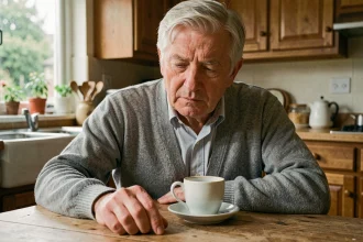 Homme âgé assis à une table de cuisine avec une légère raideur de la main, signe précoce possible de la maladie de Parkinson