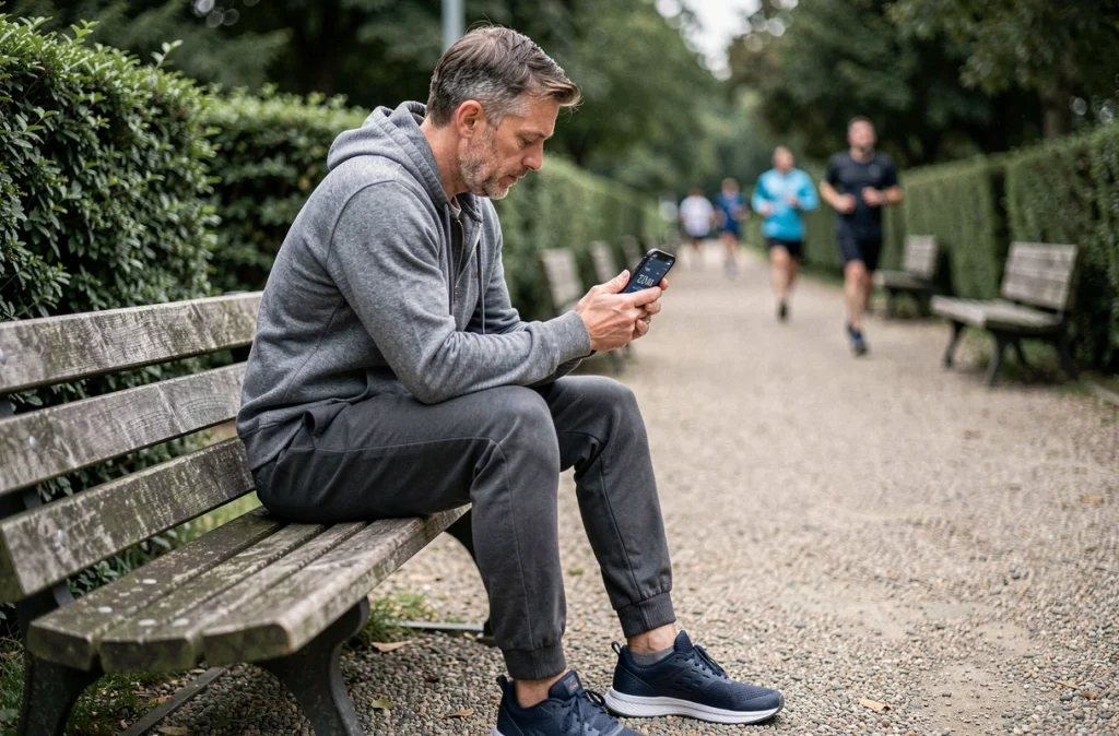 Homme consultant son application de comptage de pas sur smartphone pendant une pause dans un parc pour mesurer ses kilomètres parcourus