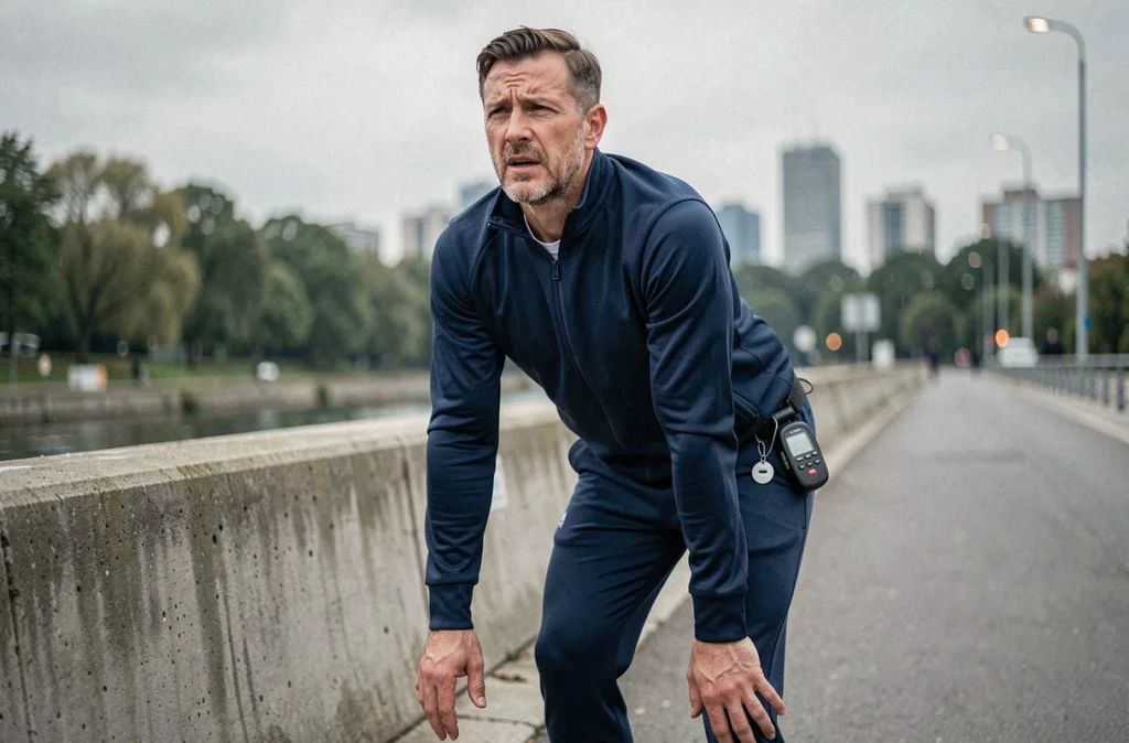 Homme adulte asthmatique faisant une pause lors d'un jogging urbain avec un débitmètre de pointe