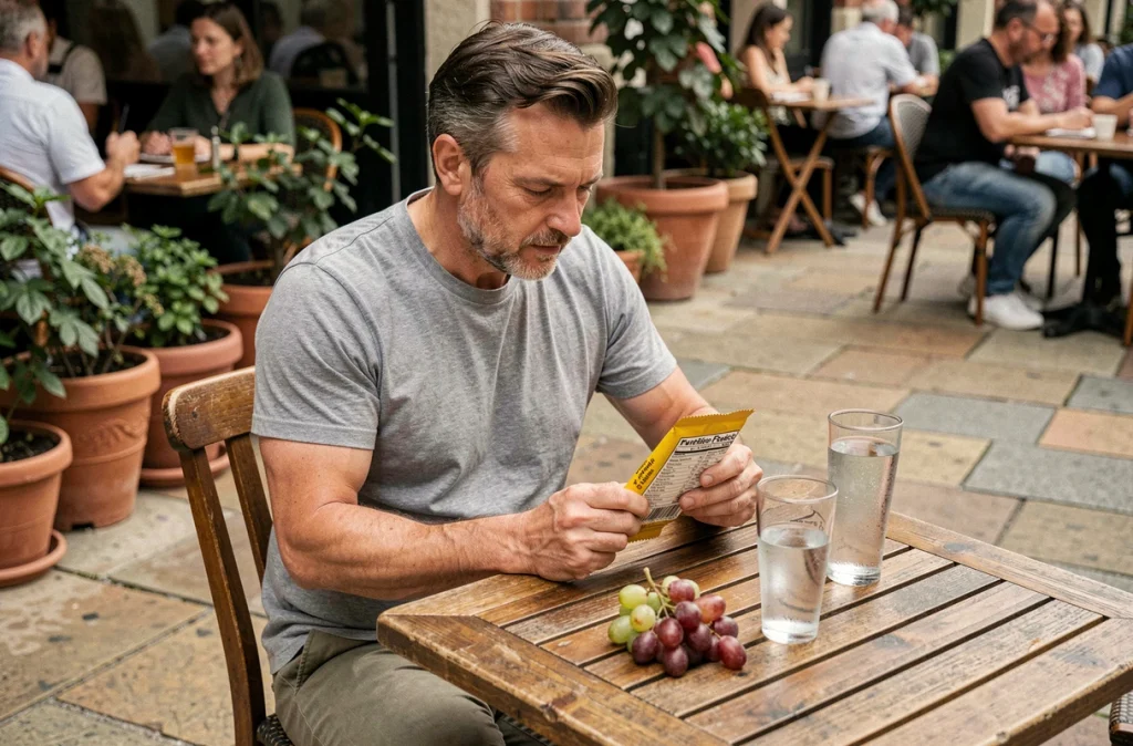 Homme lisant les étiquettes nutritionnelles d'un encas en terrasse de café pour surveiller sa consommation de sucre