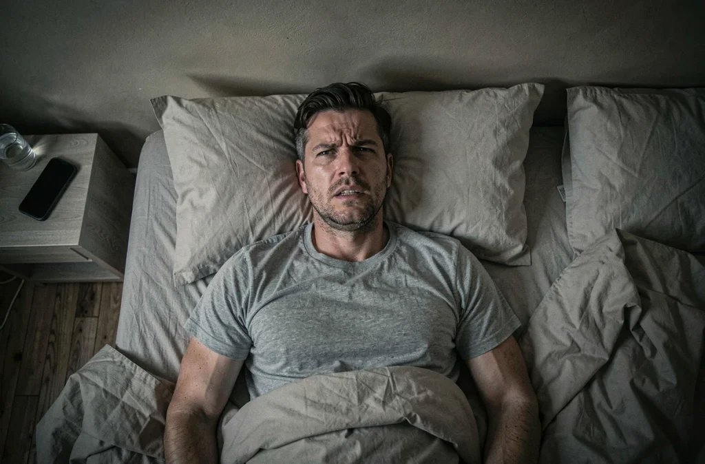 Homme insomniaque allongé dans son lit la nuit, les yeux ouverts, illustrant les effets du stress chronique sur le sommeil