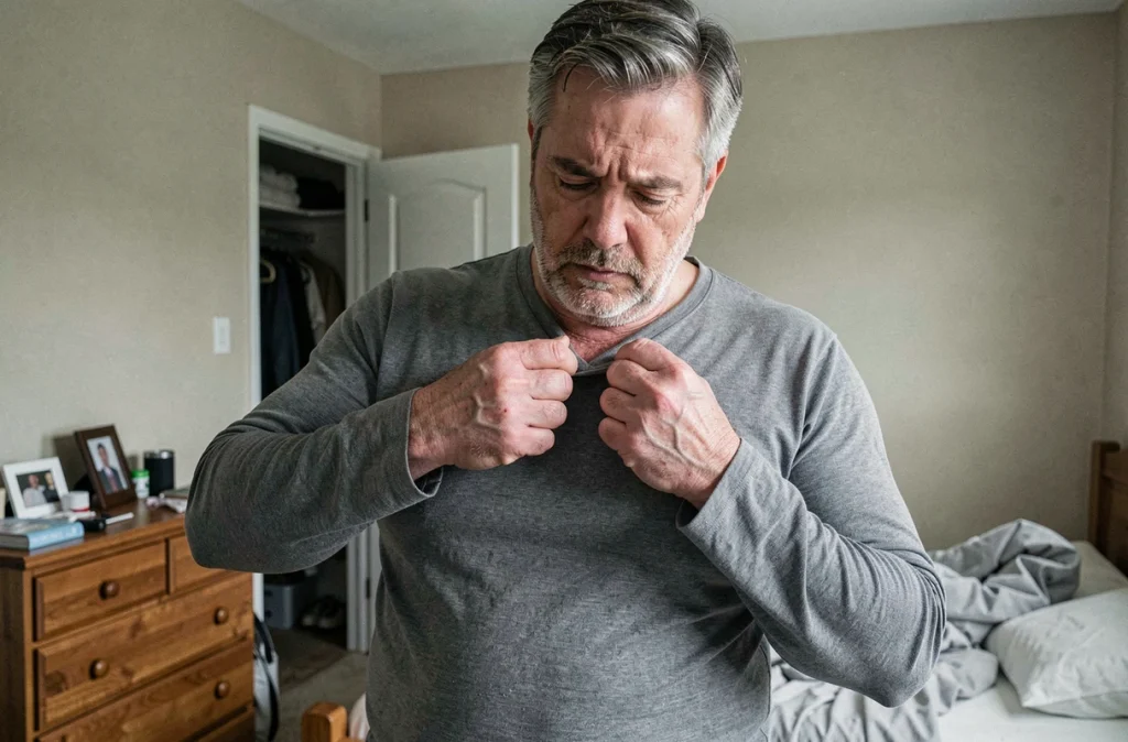 Homme âgé atteint de polyarthrite rhumatoïde essayant de boutonner sa chemise avec des doigts rigides et douloureux