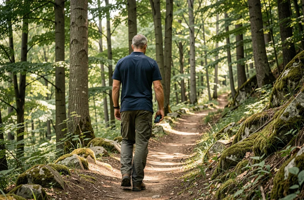 Homme marchant sur un sentier forestier avec un smartphone affichant un compteur de pas pour estimer la distance parcourue