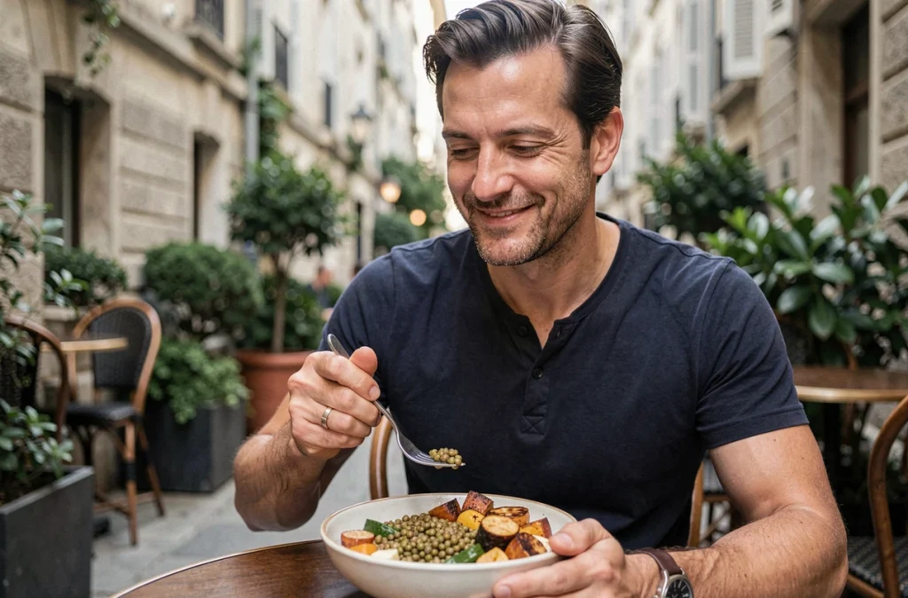 Homme dégustant un bol de lentilles et légumes rôtis en terrasse urbaine lors d'un repas minceur