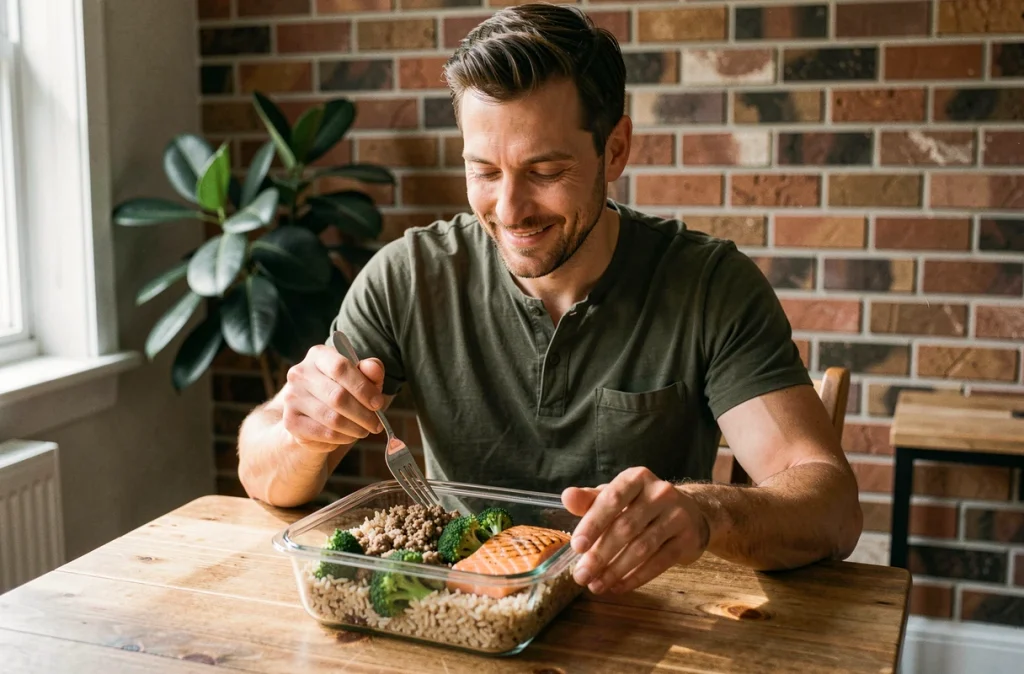 Homme dégustant un repas minceur préparé en batch cooking avec saumon, brocoli et riz complet