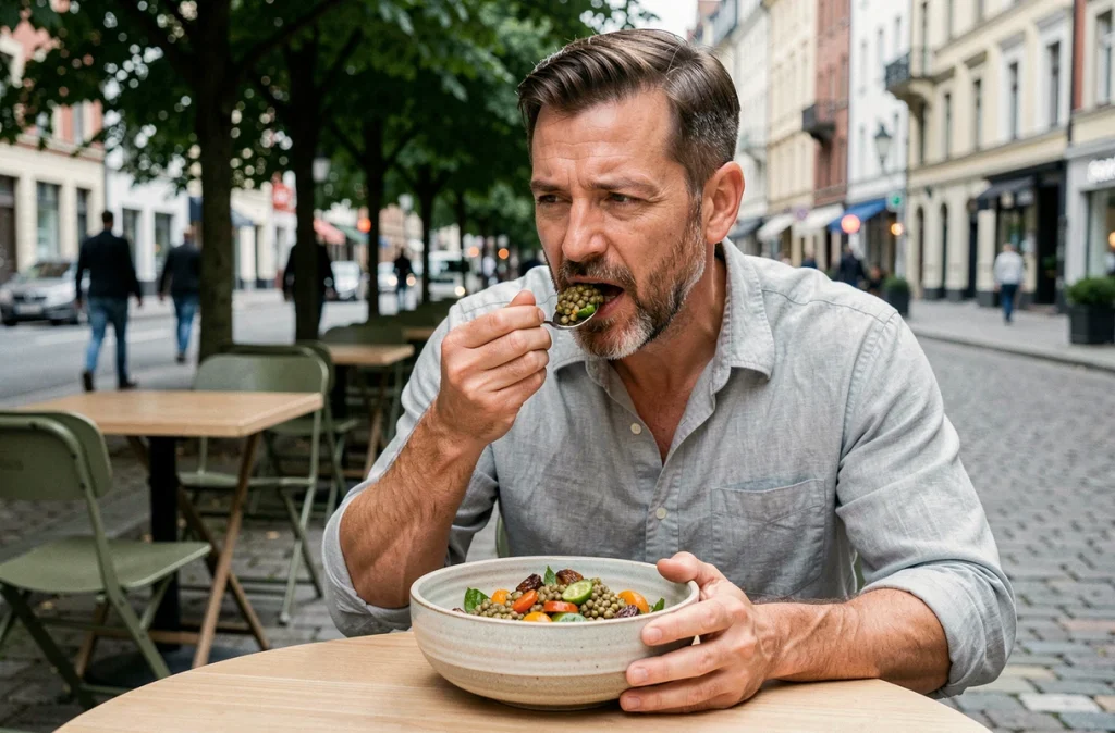 Homme savourant une salade de lentilles et légumes rôtis dans un café en plein air urbain