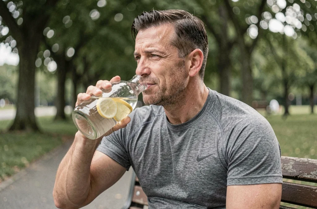Homme sportif buvant de l'eau citronnée après l'entraînement dans un parc, mettant en avant les bénéfices de l'eau citronnée sur le métabolisme et la récupération