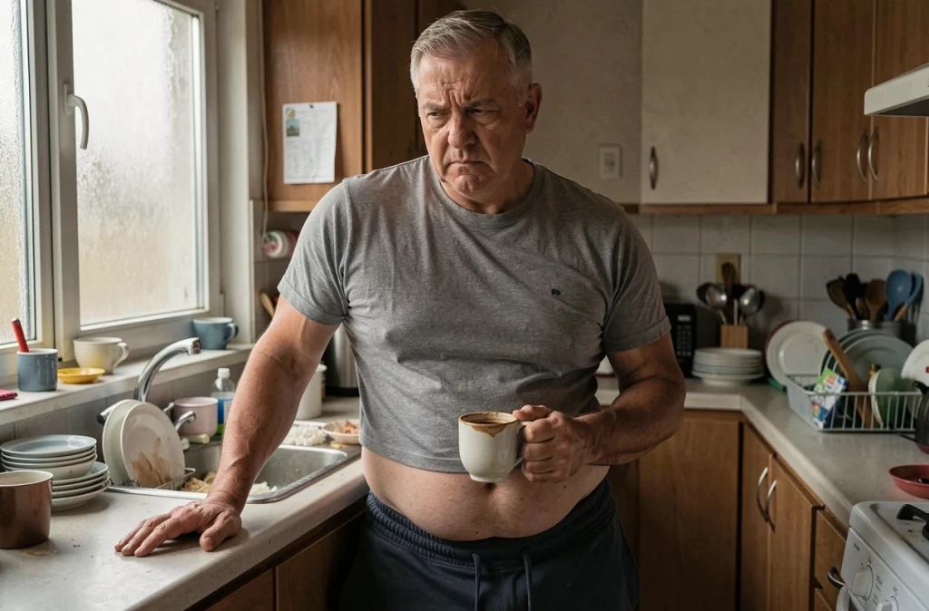 Homme stressé dans sa cuisine tenant un café, silhouette abdominale visible illustrant le lien entre stress et prise de poids