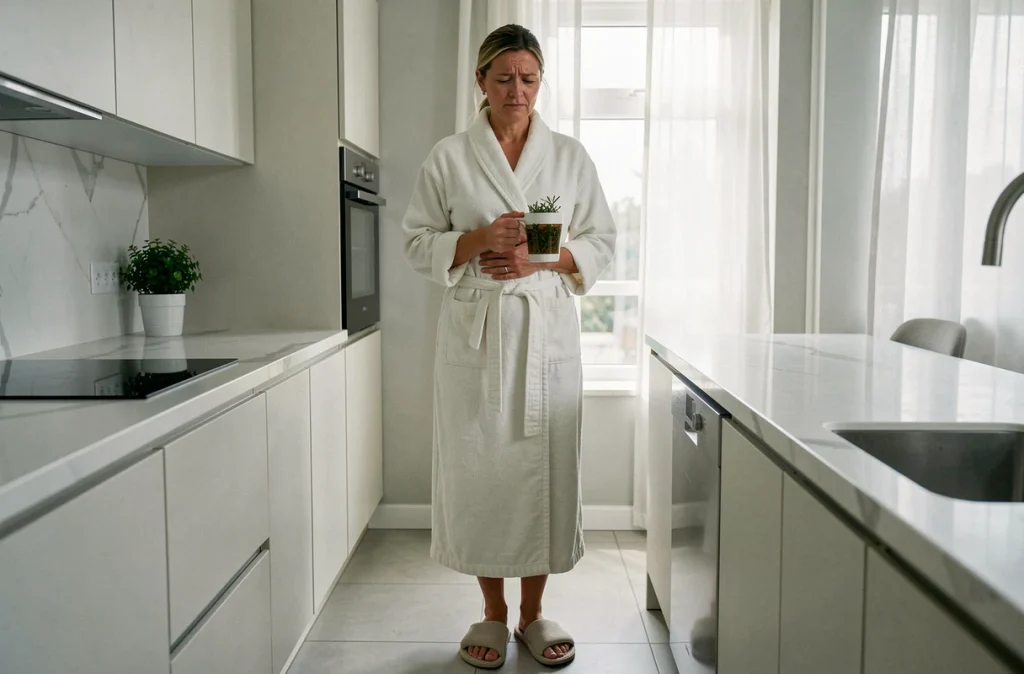 Femme en robe de chambre dans une cuisine moderne tenant son ventre et une tasse de tisane, illustrant l'inconfort digestif matinal et les flatulences